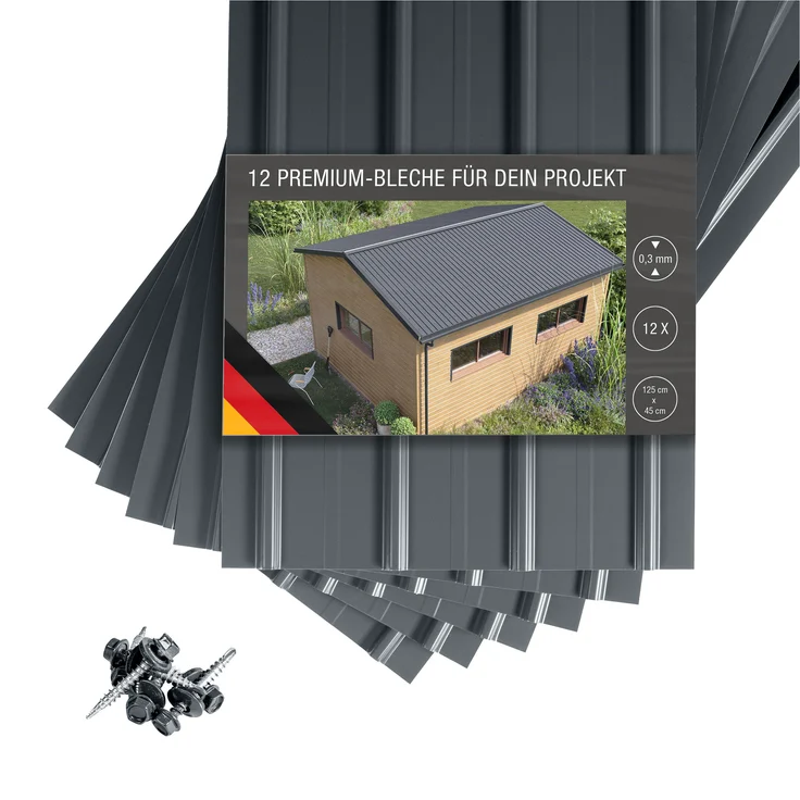 BRAVO International SMART Cover Set H12 Plus, 12 x Trapez-Abdeckblech 125 x 45 cm, 6,75 m², 0,3 mm, grau, inkl. 50 Schrauben