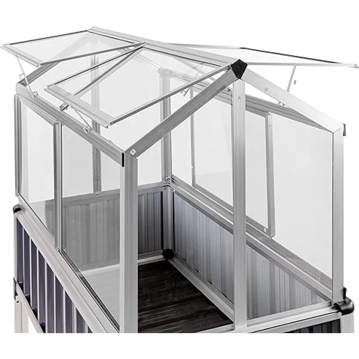 DEMA Alu Hochbeet mit Gewächshausaufsatz, 114x61x129 cm, anthrazit, 2 Schiebetüren, 4 Dachentlüftungen, 3-stufig – Bild 4