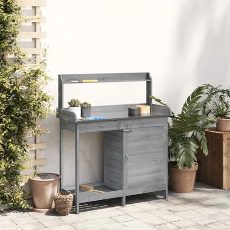 vidaXL Pflanztisch mit Schrank, Gärtnertisch aus grau massivem Tannenholz, vielseitiger Stauraum und verzinkter, wasserfester Tischplatte – Bild 3