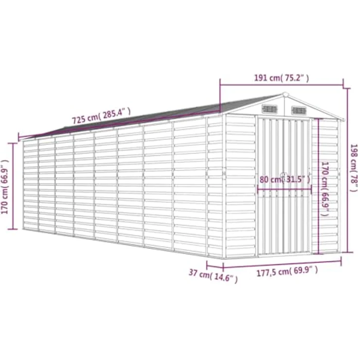 vidaXL Gerätehaus, Gartenhaus mit Schrägdach Griffe, Gartenschuppen Schuppen mit Stauraum, Geräteschuppen Metallschuppen, Braun 191x725x198 cm Verzinkter Stahl – Bild 4