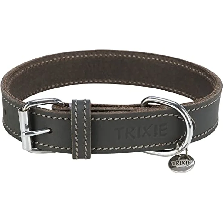 TRIXIE Rustic Fettleder-Halsband, M–L: 42–48 Cm/25 Mm, Grau - 19049