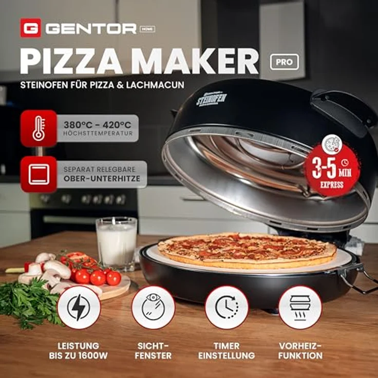 GENTOR Pizzaofen GENTOR Pizzamaker 1600W 220-240V Elektrisch, bis 420 Grad, 1 feuerfester Keramiksteinboden, Mini Pizzaofen - Weiß – Bild 3