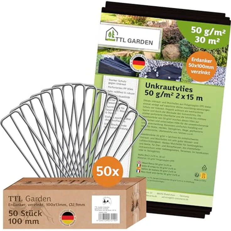 TTL GARDEN Unkrautvlies 50g/m², 30m² (2x15m) schwarz, reißfest, UV-stabil, atmungsaktiv mit 50 verzinkten Erdankern – Bild 1