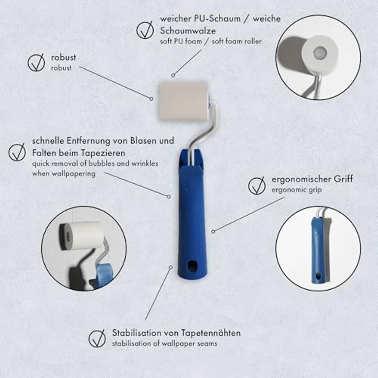 A.S. Création Andrückroller aus PU-Schaum, 4,5 cm breite Andrückwalze zur Blasen- und Faltenentfernung beim Tapezieren, blau, weiß – Bild 2