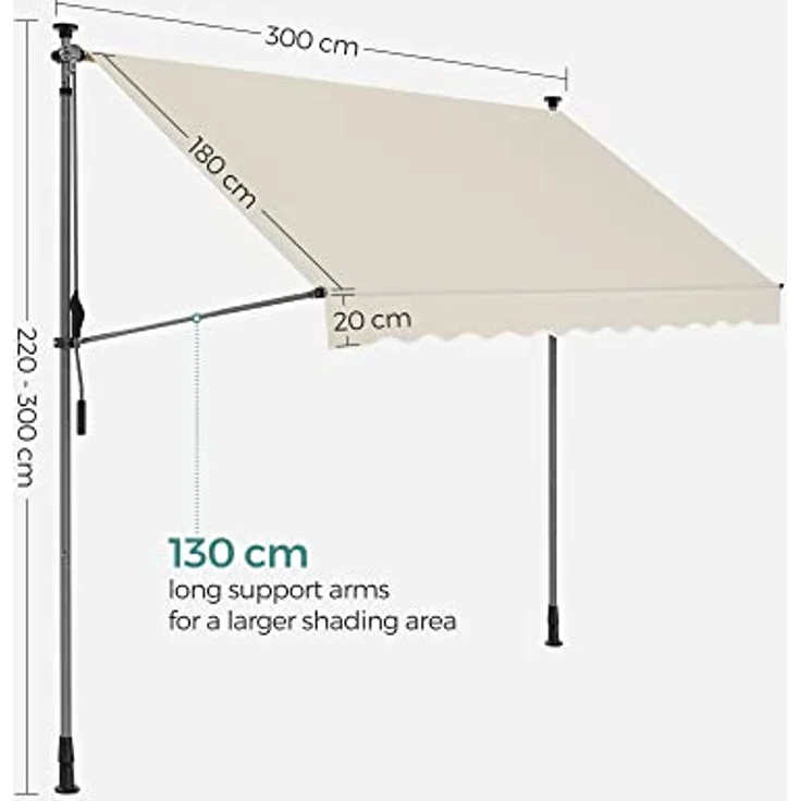 SONGMICS Klemmmarkise, 300 x 130 cm, Balkonmarkise, höhenverstellbar, mit Handkurbel, Sonnenschutz, für Balkon, Terrasse, Garten, beige GSA313M02 – Bild 2
