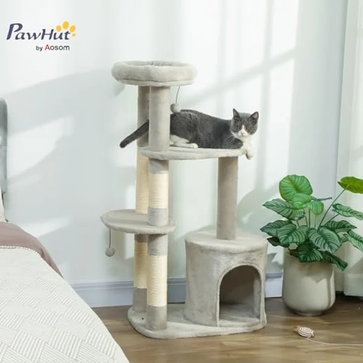 PawHut Kratzbaum 114 cm, mehrstöckiger Katzenkratzbaum mit Höhle, Sisalstämmen, Plattform und Spielball für mittelgroße Katzen unter 6 kg, Hellgrau – Bild 2