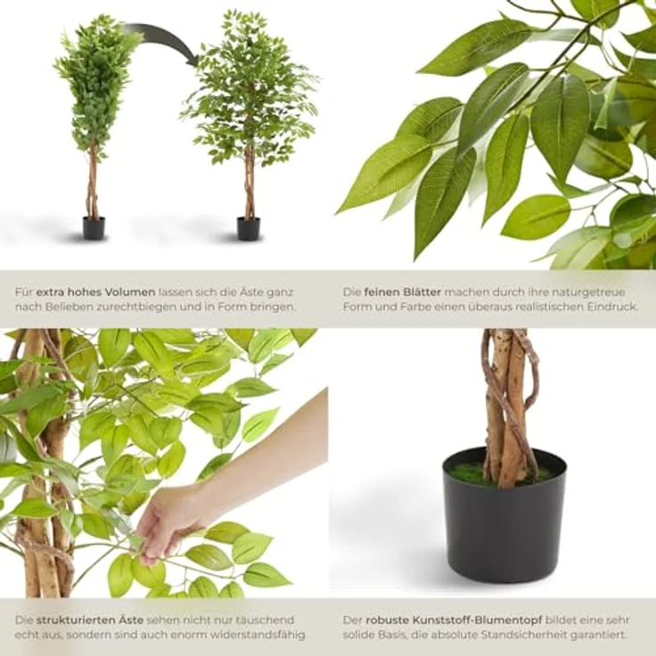 tectake® Ficus künstliche Zimmerpflanzen, Kunstblumen wie echt, Deko für Wohnzimmer, Küche, Badezimmer, Schlafzimmer - 160 cm, naturgetreues Blattwerk, pflegeleichte Fake Plant – Bild 4