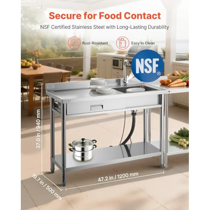 VEVOR Spültisch Spülbecken Edelstahl (120 x 50 x 94 cm), 4 in 1 Multifunktionsdesign mit 360° Wasserhahn & Schublade, ideal für Garage, Restaurant und Außennutzung – Bild 2