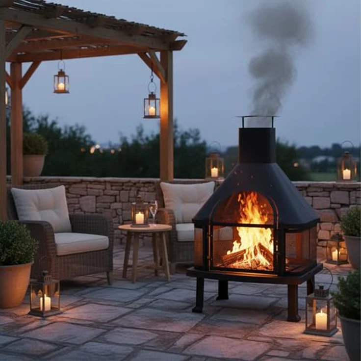 Relaxdays, schwarz Terrassenofen mit Grill, Feuerstelle mit Funkenschutz, Schürhaken, massiv, Stahl, 110 x 63 x 51 cm – Bild 4