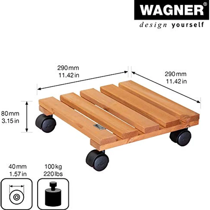 WAGNER Pflanzenroller Toscana 29 x 29 cm I Pflanzenroller & Blumenroller für Außenbereich + Innenbereich, Kiefer Terracotta I Kübelroller aus Holz I Tragkraft 100 kg I Made in EU ? 20015201 – Bild 3
