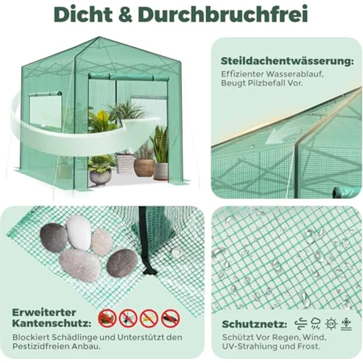 Sekey Gewächshaus 245x245x180 cm, Stabiler Folien-Pop-Up-Balkon für optimales Pflanzenwachstum, Grün – Bild 5