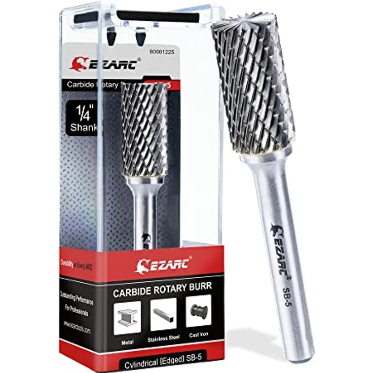 EZARC SB-5 Hartmetall Frässtifte, Doppelschnitt Drehfeile, Zylinderform mit 1/4-Zoll(6mm)-Schaft, 1/2" Schneiddurchmesser für Stahlmetallbearbeitung, Polieren und Gravieren – Bild 1