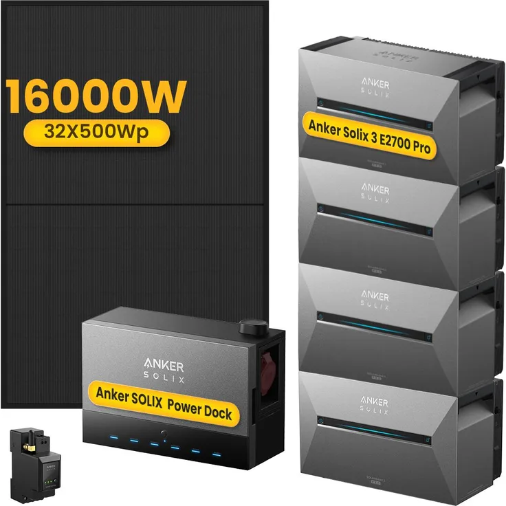 Powerness Anker SOLIX Power Dock Multisystem, inkl. 4x Solarbank 3 E2700 Pro & 32x 500W Full Black Solarmodule, 16 kWp Leistung, mit Smart Meter, 0% VAT