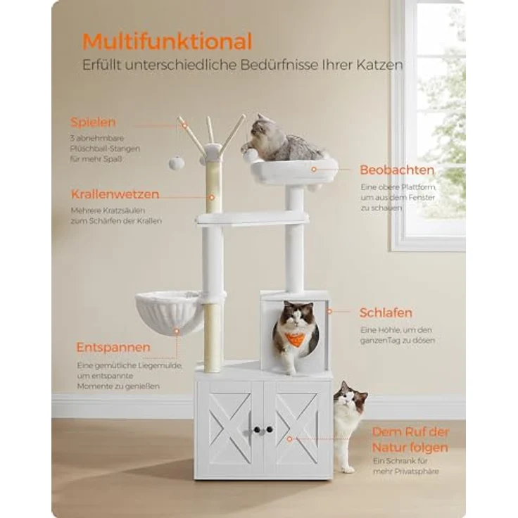 Feandrea Kratzbaum mit Katzenklo-Schrank, 151 cm hoch, 2-in-1 Katzenbaum, Schrank für Katzentoilette, Sisalstämme, abnehmbaren Plüschbällen, wolkenweiß – Bild 3