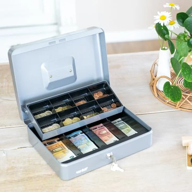 HMF 15130-09 Geldkassette Marktkassette 30 x 24 x 9 cm, silber, mit herausnehmbarem Münzeinsatz und Sicherheitszylinderschloss – Bild 2