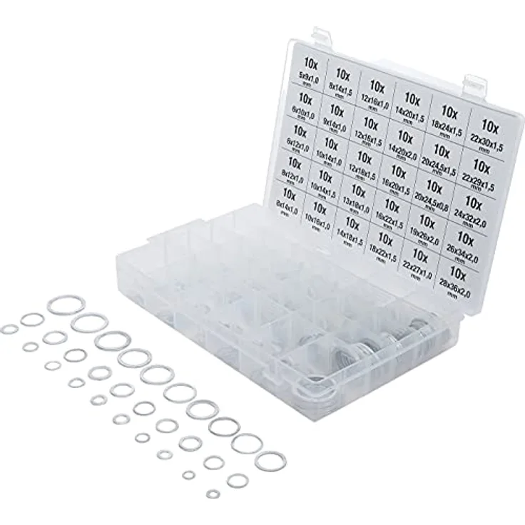 BGS Dichtring-Sortiment 300-tlg. Aluminium inkl. Sortimentskasten | Geeignet für Ölablassschrauben | 30 verschiedene Größen | BGS 8143