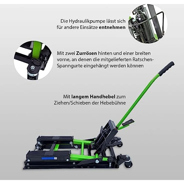 TRUTZHOLM Hydraulikheber Motorradheber 680 kg, stufenlos höhenverstellbar von 120 mm bis 380 mm, mobile Hebebühne mit Ratschen-Spanngurten, vormontiert – Bild 3