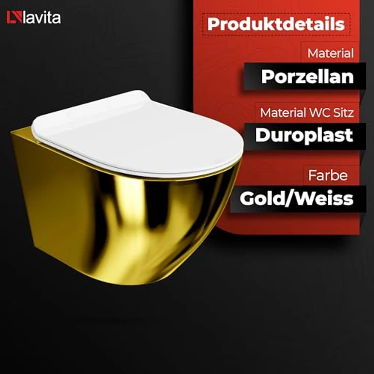 LAVITA Wand-WC Sofi Slim Gold/White | Hänge Toilette | WC Sitz | Toilettendeckel mit Absenkautomatik & Metallscharniere | Toiletten Spülrandlos Hängend | Toilettenbecken | 365x490x395 mm | Weiß/Gold – Bild 3