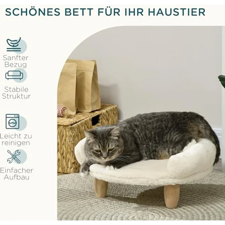 PawHut Hundesofa, Hundebett, Haustiersofa mit Erhöhtem Design, Hundecouch, Katzensofa, Hundesessel mit Holzbeine, Flanelle, Creme, 47 x 40 x 20 cm – Bild 5