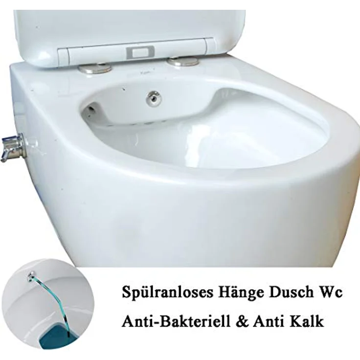 Ekershop Dusch-WC ALESTA TAHARET Spülrandloses Hänge WC integr. Kalt Armatur mit Deckel, Wandhängend, Abgang Waagerecht, Antibakteriell, Anti-Kalk, Taharet Wand WC, WC-Sitz mit Absenkautomatik, Nano-Versiegelung (Farbe: Weiß) – Bild 4