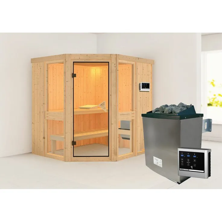 Karibu Sauna Amelia 1 Set mit Ofen 9 kW Edelstahl, externe Steuerung Easy