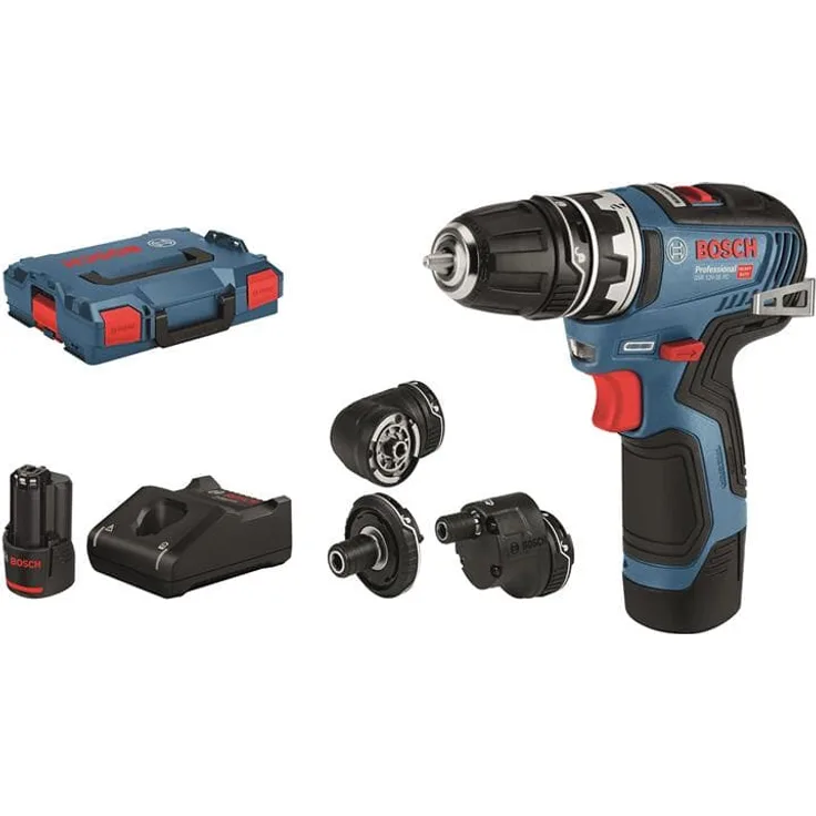 Bosch Professional GSR 12V-35 FC 06019H3000 12 V Akkuschrauber Set mit 2x 3,0 Ah Akku, System, 4 FlexiClick Aufsätzen, max. Bohrdurchmesser Holz-Stahl: 32-10 mm, Schnellladegerät, in L-Boxx, 12 V, blau