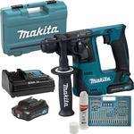 Makita HR140DSAE1 Akku-Bohrhammer SDS-Plus 10,8 V mit 2 Akkus, Ladegerät, Bohrer- und Bit-Set, Schmiermittel, Bohrtiefenanschlag, Tiefenanschlag und Zusatzhandgriff