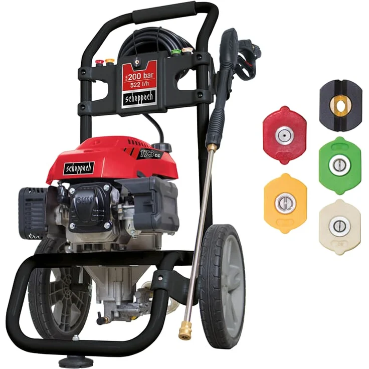 Scheppach Benzin Hochdruckreiniger HCP2600, Hochdruckpistole, 5 Düsenaufsätze, Reinigungslanze, 7,5m Schlauch und Zuführung für Reinigungsmittel, 200bar Druck, 522l/h - 4,35PS – Bild 2