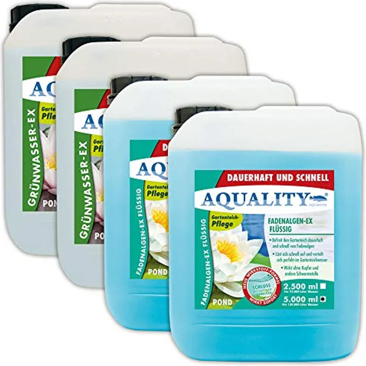 AQUALITY Algenvernichter Komplett-Sparset Gartenteich (Befreit und entfernt Fadenalgen, Schwebealgen, grünes Wasser schnell und dauerhaft), Set-Größe:Set 10000