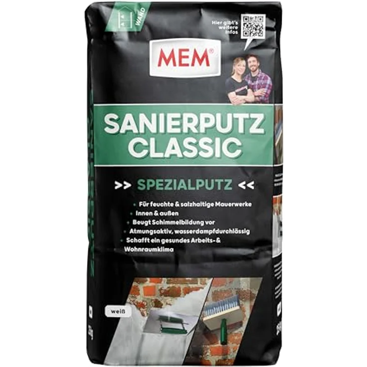 MEM Bauchemie Sanierputz Classic Weiß, 25 kg, atmungsaktiver Sanierputz für feuchte Ziegel- und Natursteinmauerwerke – Bild 2