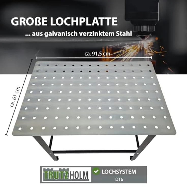 TRUTZHOLM Schweißtisch 91,5 x 61 x 80 cm, pulverbeschichtet, rostfrei, mit 3 mm galvanisch verzinkter Lochplatte und D16 Lochsystem, Tragkraft 200 kg, höhenverstellbare Füße, mattschwarz – Bild 3