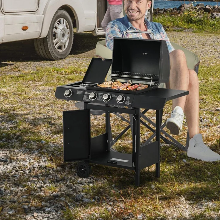 Xdovet Gasgrill mit 3 Brennern und 1 Seitenbrenner, Multifunktional BBQ Grillwagen in Schwarz, 110x50x100 cm mit Druckminderer und Schläuchen