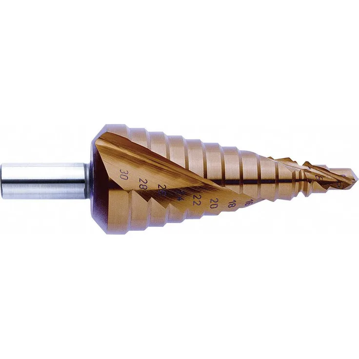 Exact 07013 HSS Stufenbohrer TiN, 6-30 mm Durchmesser, 3-Flächenschaft für Metall und Kunststoff