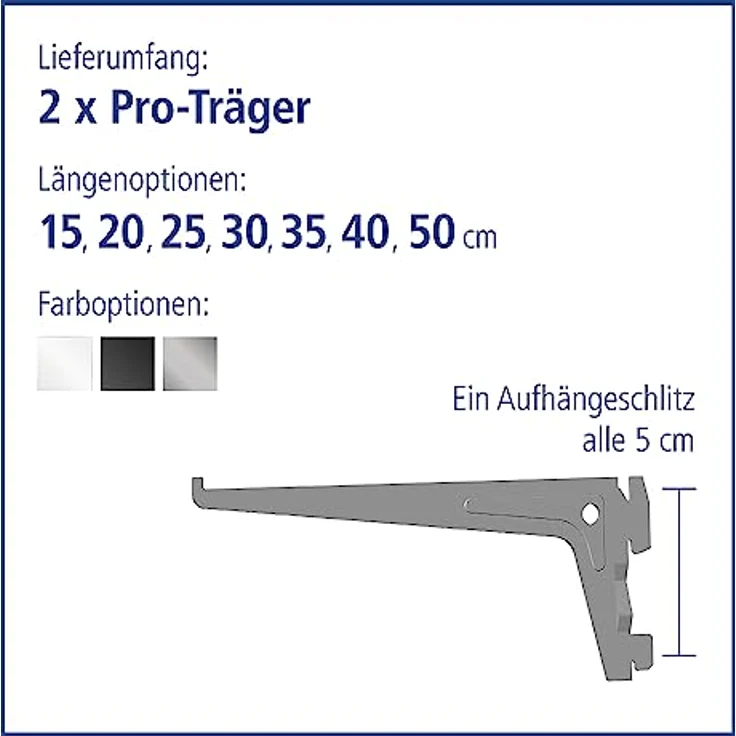 Element System 18133-00005 PRO-Träger Regalträger 1-reihig - 2 Stück - 7 Abmessungen - 3 Farben-L = 20 cm-weißaluminium-für Regalsystem-Wandschiene – Bild 4
