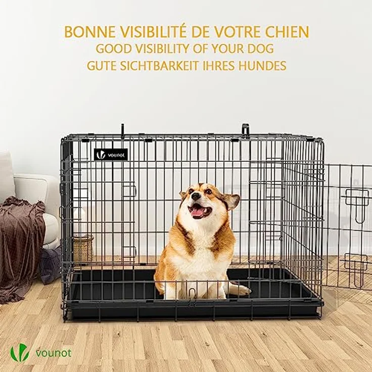 VOUNOT Hundekäfig Klappbar mit Abdeckung, Hundebox Auto Hundetransportkäfig mit Doppeltüren, 2 Transportgriffen & Bodenschale, L 92 x 58 x 64cm, Schwarz – Bild 2
