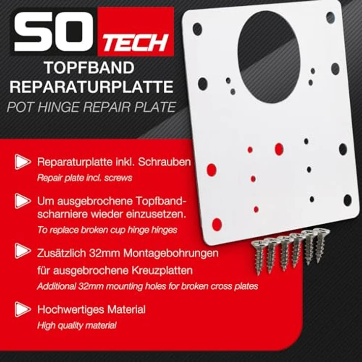SOTECH 2 x Topfband Reparaturplatten Edelstahl 90 x 90 x 0,53 mm, Reparaturset für Topfbänder mit Ø35 mm, Schrankscharnier Topfscharnier, Edelstahl SS430 – Bild 3