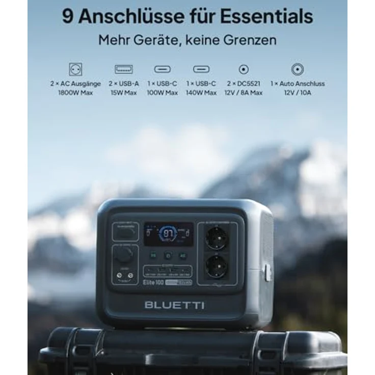 BLUETTI Elite 100 V2, Tragbare Power Station mit 1024Wh LFP Batterie, 2x 1800W AC Ausgänge, 35% kompakter, Solar Generator für Camping und Notfälle – Bild 4
