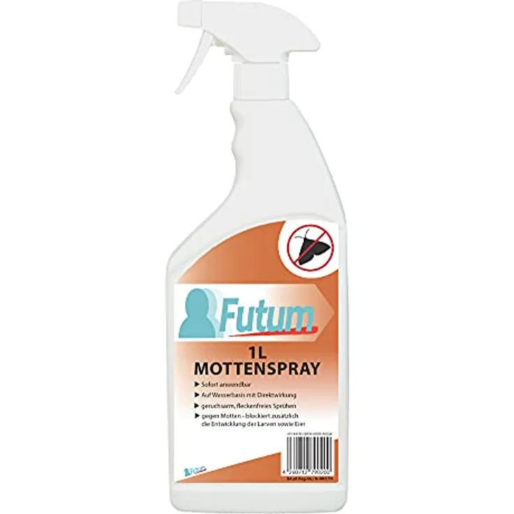 Futum 1L Motten Spray, hochwirksames Motten-Mittel auf Wasserbasis, fleckenfrei, geruchlos, ohne ätzende Eigenschaften und Treibgase, mit Schnell- und Langzeitwirkung