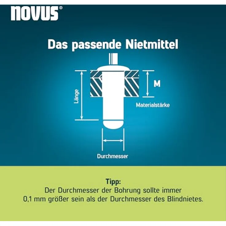 Novus Tools Aluminium-Blindnieten Ø 4,8 mm, 8 mm Länge, 30 Stück, Klemmlänge 2,5-4,0 mm, für Nichteisen-Metall, Kunststoff, Leder und Stoffe – Bild 4
