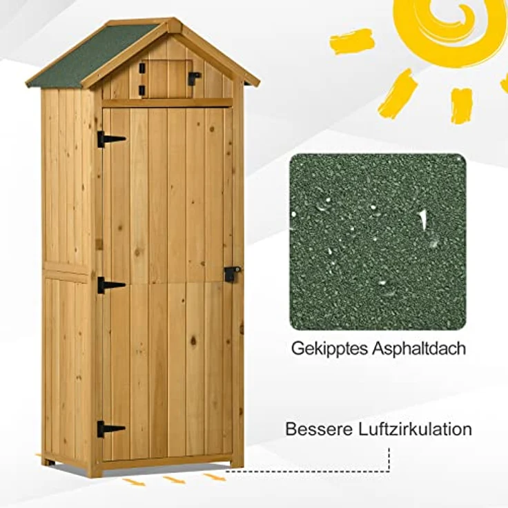Outsunny Gartenschrank Gartenhaus Gerätehaus Geräteschuppen mit Fachböden Asphaltdach Fenster Holz Gelb+Grün 77 x 54,2 x 179 cm – Bild 5