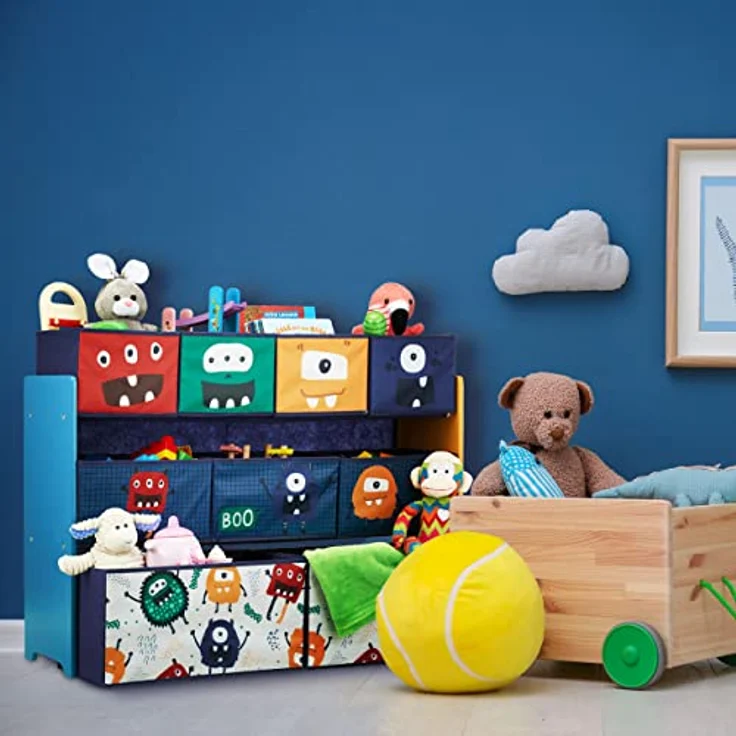 Relaxdays Kinderregal mit 9 Stoffboxen, Monster Design, HxBxT: 70 x 92,5 30 cm, Spielzeugregal fürs Kinderzimmer, bunt, Dunkelblau, Türkis, Orange – Bild 5