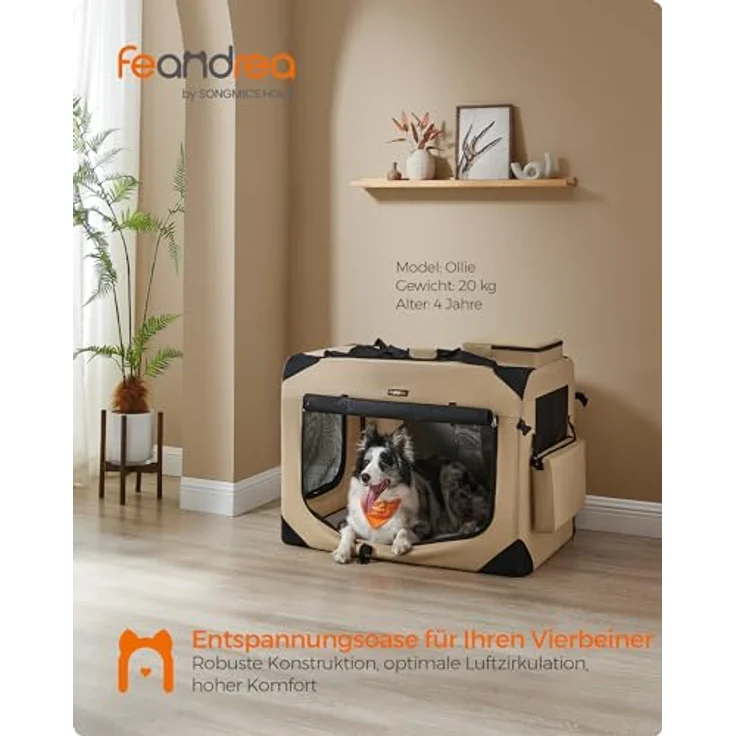 Feandrea Hundebox faltbar, Transportbox Hund, XXL, atmungsaktiv, tragbar, Metallrahmen, 91 x 63 x 63 cm, Kamelbraun – Bild 2