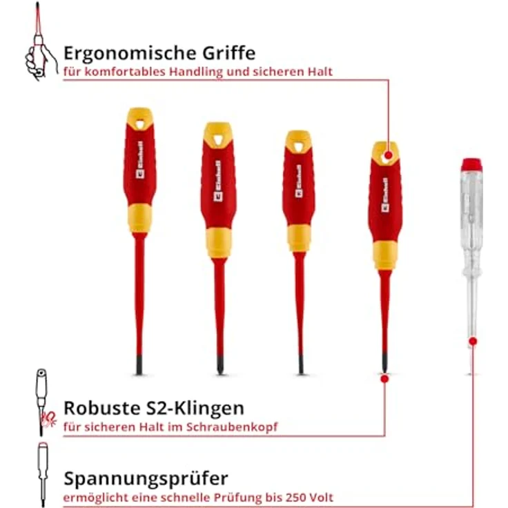 Einhell Elektriker-Schraubendreher-Set 5-tlg., isolierte Werkzeuge mit ergonomischen Griffen, Spannungsprüfer und S2-Klingen, für Elektroinstallationen – Bild 2