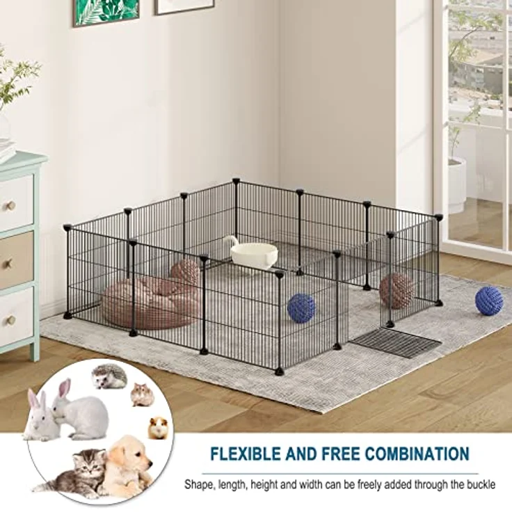 EUGAD Freigehege für Kaninchen 36cm hoch Indoor, Freilaufgehege Kaninchen draußen, Meerschweinchen gehege innen, Kleintiergehege Metallgitter, Gehege für Kleintiere DIY 142x36x72cm L – Bild 3