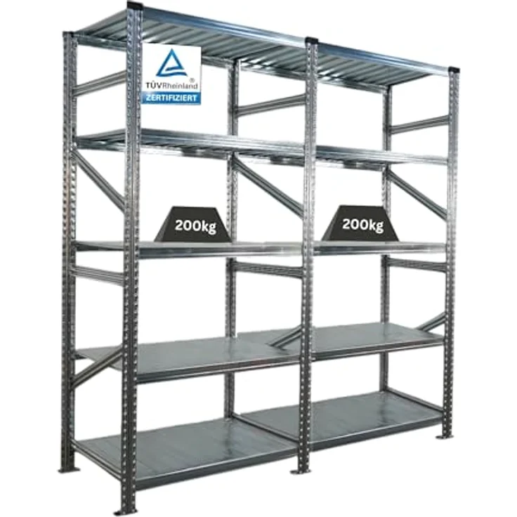 Proregal PROXIMO Metallregal, Fachbodenregal in verzinktem Stahl, 200 kg Traglast pro Boden, 200 x 180 x 60 cm, 5 höhenverstellbare Böden, inkl. Anbauregal – Bild 1