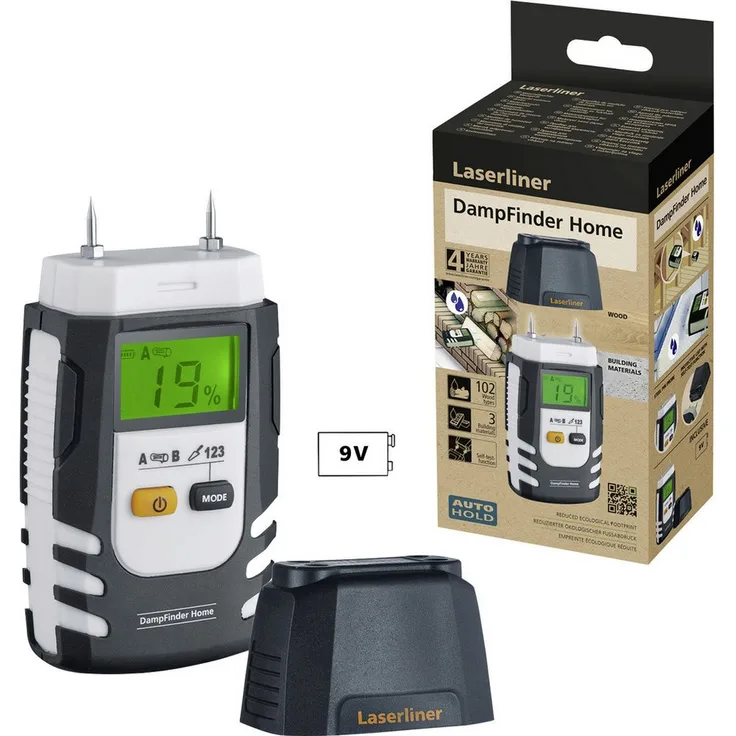 LASERLINER DampFinder Home Materialfeuchtemessgerät, recyceltes Gehäuse, Auto-Hold-Funktion, für verschiedene Baustoffe und Holzarten, blau