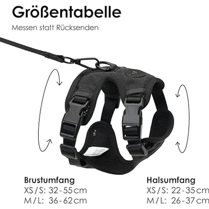 LucyBalu® Explorer Katzengeschirr mit Leine, ausbruchsicheres Brustgeschirr mit AirTag Fach, verstellbar, Schwarz M/L – Bild 2