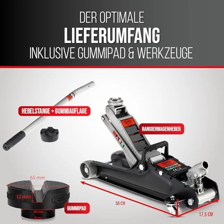 HEYNER® Hydraulischer Wagenheber UltraLowLift PRO, 2,25t Tragkraft, Hubhöhe 85–380 mm, Chrom-Vanadium, extra flach mit Gummiauflage & Tasche, inkl. TrolleyPad PRO – Bild 3