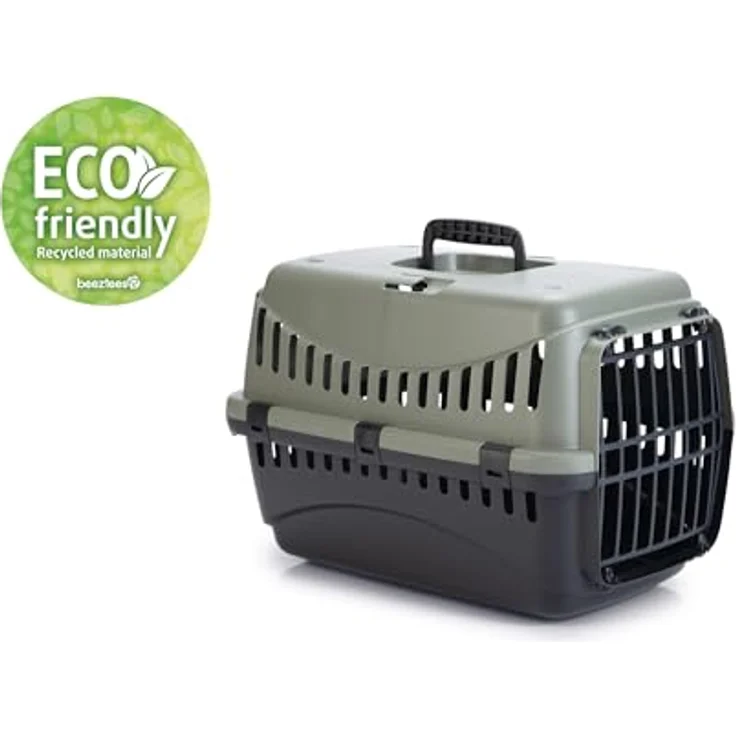 Beeztees Tiertransportbox Gipsy Eco für Katzen grau-schwarz, recycelter Kunststoff, belüftete Seiten – Bild 3