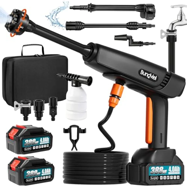 Bundviel 180Bar Akku Hochdruckreiniger, 6-in-1 Druckreiniger mit 2×4000mAh Akkus und 180° Rotationsdüse für Auto, Terrasse und Outdoor-Reinigung – Bild 1